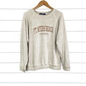 Vintage Embroidered Ft Myers Beach Florida Textured Crew Sweatshirt Beige Large